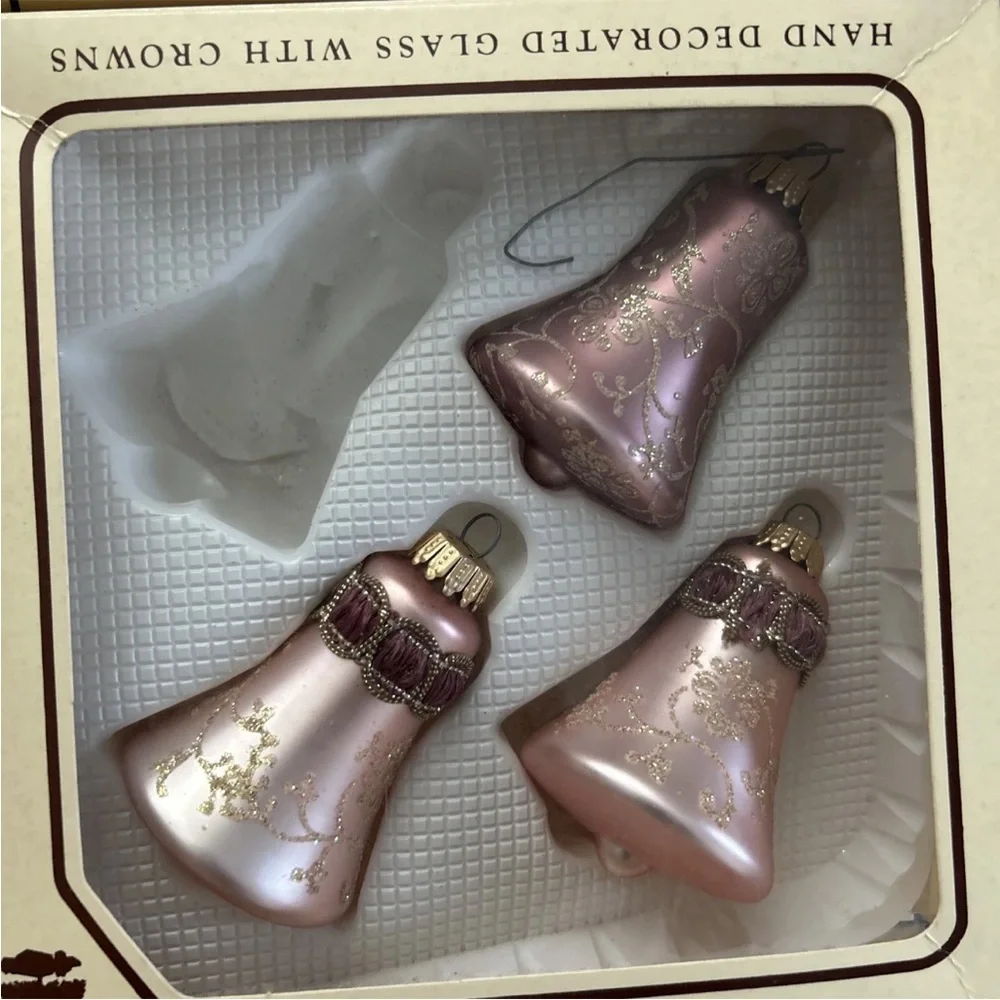 Christmas by Krebs Lot of 11 Pink glass bells vintage gold glitter Floral ribbon